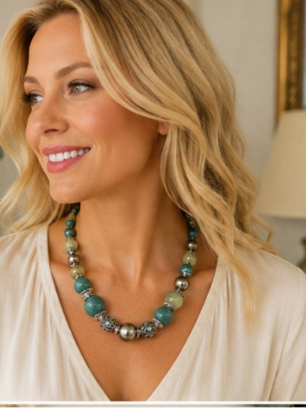 Statement Turquoise Green Crackle Bead Necklace Gray Faux Pearl Rhinestone 16”